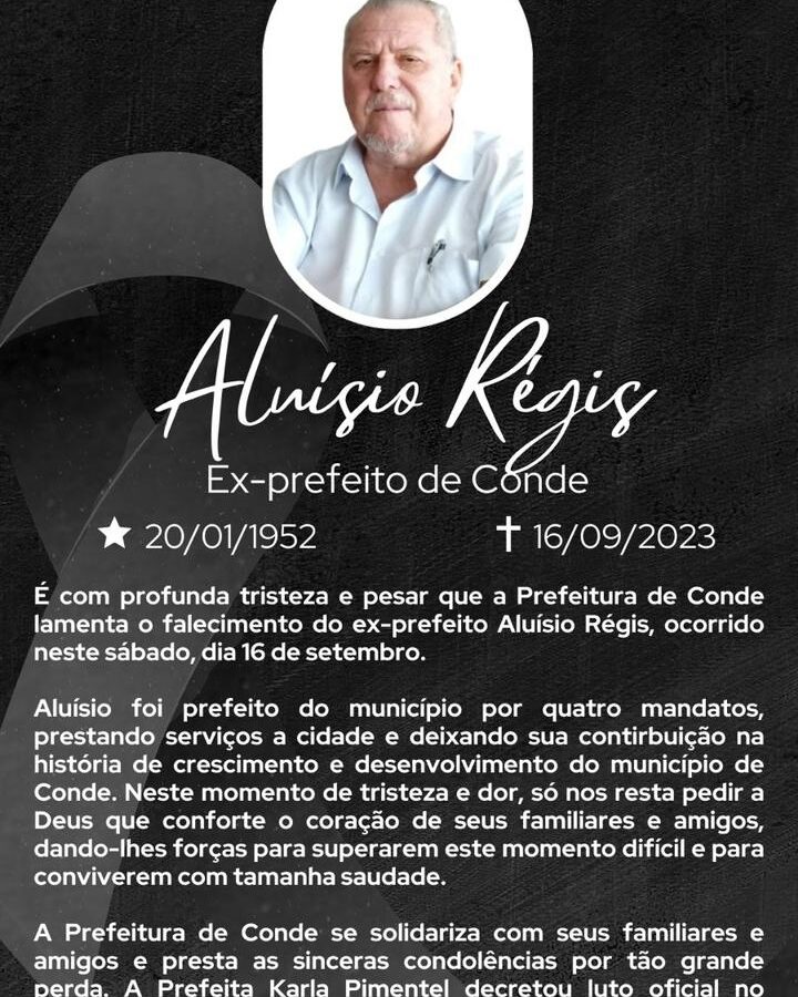 Em nota, prefeitura de Conde lamenta falecimento de Aluísio Régis