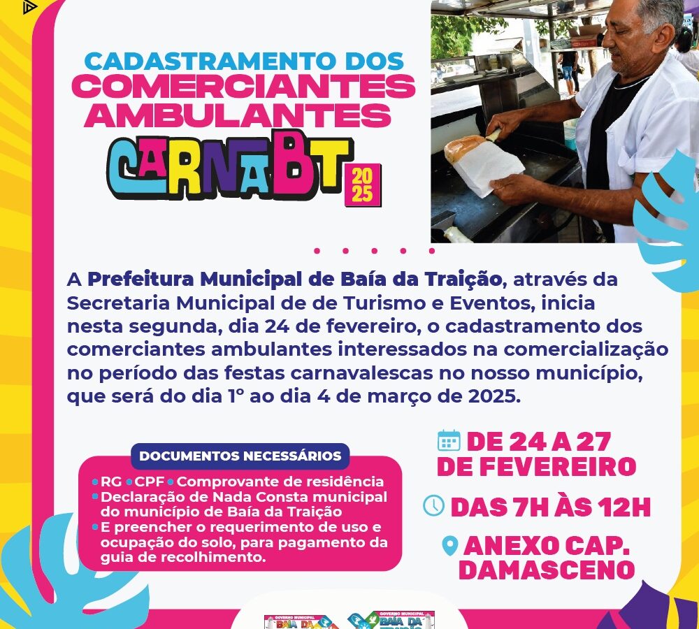 Começa hoje cadastro de comerciantes que desejam trabalhar no Carnaval da Baía da Traição